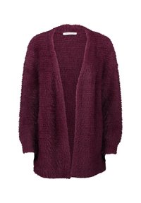 Fioletowy, długi rękaw, otwarty przód, puszysty kardigan o luźnym kroju i prążkowanych mankietach.