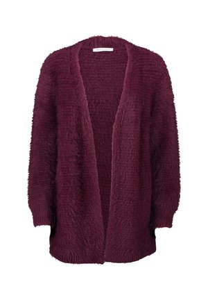 Cardigan en peluche couleur prune, à manches longues et devant ouvert, avec une coupe décontractée et des poignets côtelés.