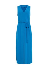 Blue sleeveless maxi dress with a V-neckline, tied waist, and side slits; made from lightweight, smooth fabric.