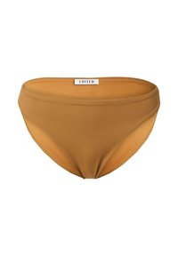 Braune Bikiniunterteile aus einem glatten, dehnbaren Stoff; zeichnen sich durch ein tailliertes Design und subtile Raffung an der Vorderseite mit einem "EDITED" Etikett aus.