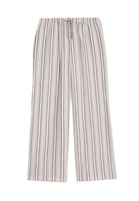 Pantalons larges à rayures avec une taille à cordon. Les couleurs incluent un beige avec de fines rayures bordeaux, fabriqués en tissu doux et texturé.