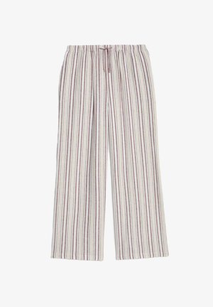 Pantaloni a gamba larga a righe con vita regolabile. I colori includono beige con sottili righe borgogna, realizzati in un morbido tessuto testurizzato.