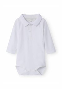 Vit långärmad polo bodysuit med krage och treknappars knappslå, tillverkad av mjukt tyg med tryckknappar i botten.
