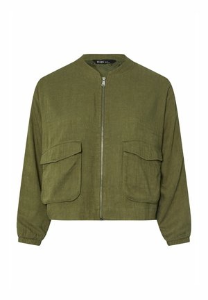 Olive green bomber jacket made of textured fabric, featuring a front zipper, two patch pockets, and elastic cuffs.