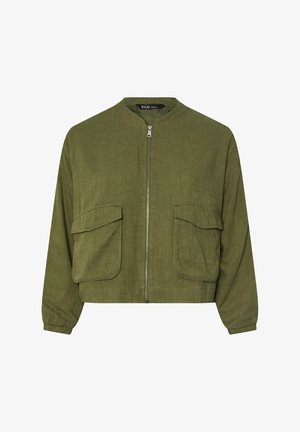Olijfgroene bomberjack van textiel, met een rits aan de voorkant, twee opgestikte zakken en elastische manchetten.