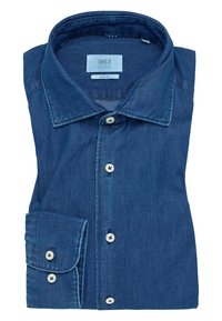 Blauwe denim shirt, slim fit, heeft een klassieke kraag, knoopsluiting en manchetten met één knoop in het wit. Zachte stof textuur.