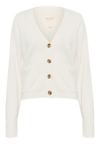 Witte gebreide cardigan met een V-hals, vier grote bruine knopen, twee voorzakken en geribbelde manchetten, met een relaxte pasvorm en cropped lengte.