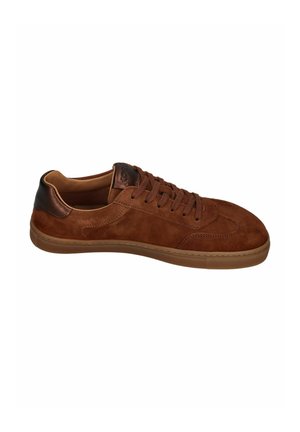 Brown suede low-top sneaker with brown laces, rubber sole, and dark brown metallic heel and tongue accents.