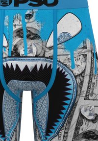 Men's boxer briefs featuring a vibrant blue waistband and graphic print with black and white dollar bills and a diamond pattern.