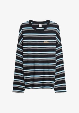 Langsleeve gestreept t-shirt in zwart met witte en lichtblauwe strepen, met een klein gouden geborduurd logo "Concept Creators" op de borst.
