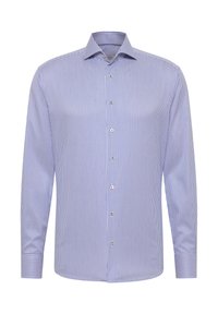 Gestreepte blauw-witte langemouwen shirt met een klassieke kraag, knoopsluiting aan de voorkant en barrel cuffs, met verticale fijnstrepen door het gehele shirt.