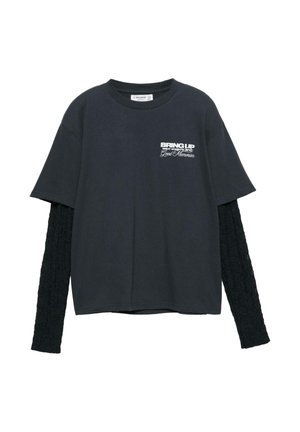 Black short-sleeve shirt with a lace long sleeve. Text on the front reads “BRING UP great moments and Good Memories.” Casual design.