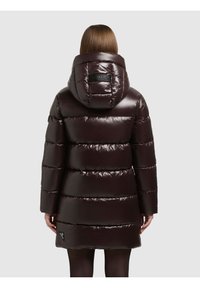 Brūna pūdera jaka ar kapuci, kurai ir spīdīgi šūti pārsegumi, logotips uz muguras un trijstūra akcenta elements pie apakšmalas.