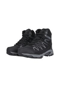 Bottes de randonnée noires avec une tige haute, présentant une tige texturée, des accents gris et des semelles robustes. Les lacets sont noirs avec des filaments réfléchissants.
