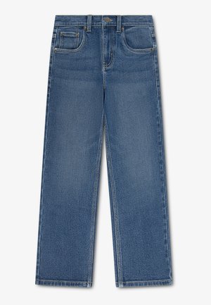 Jean denim bleu à jambes droite avec bouton devant, fermeture éclair, passants de ceinture et cinq poches sur fond blanc.