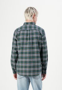 Groene geruite shirt met blauwe en gele accenten, met een button-down kraag, lange mouwen en een ontspannen pasvorm. Bevat een yoke en plooidetails aan de achterkant.