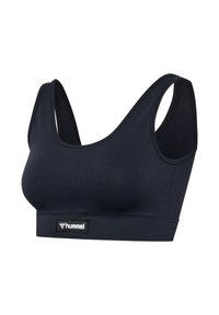 Schwarzer Sport-BH mit breiten Trägern und geripptem Unterband, vorne mittig mit kleinem hummel-Logo.