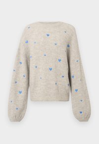 Light gray sweater with ribbed texture, round neckline, and long puffed sleeves. Features blue heart patterns scattered throughout.