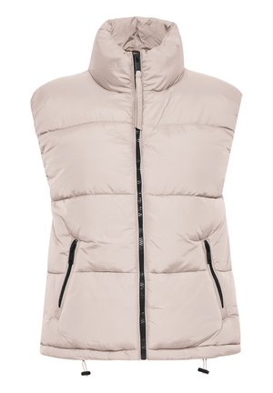 Gepolsterte ärmellose Weste in hellbeige mit hohem Kragen, schwarzem Reißverschluss vorne und seitlichen Taschen. Mit elastischem Kordelzug am Saum zur Anpassung.