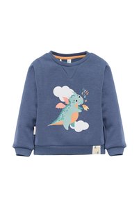Sudadera azul para niños con un dragón de dibujos animados volando y lanzando fuego entre nubes blancas y el texto "Hola Dragón" en el frontal.