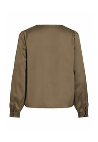 Blouse vert olive à manches longues avec encolure ronde, légers fronces aux épaules et poignets bordés de dentelle vue de dos.