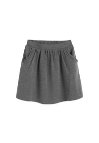 Gonna grigia, lunga fino al ginocchio, realizzata in morbido tessuto. Presenta una vita arricciata, bordi delle tasche arricciati e una silhouette svasata a forma di A.