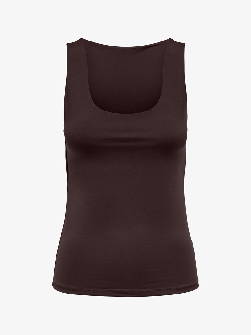 Débardeur pour femme sans manches avec encolure dégagée de couleur marron foncé uni, style ajusté, tissu lisse, présenté sur fond blanc.