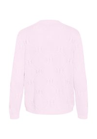 Pull en maille rose clair avec des manches longues, motif texturé comportant des formes en losange et un col rond.