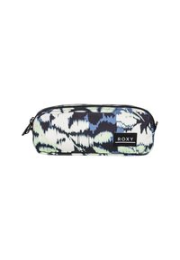 Pencil case with a zipper in a blue and white abstract pattern, made of fabric with a black zipper, featuring a visible Roxy logo label.
