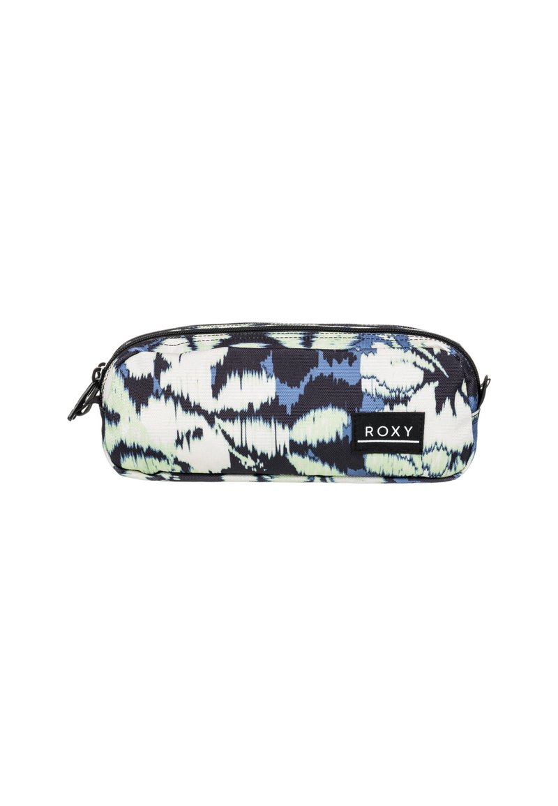 Pencil case with a zipper in a blue and white abstract pattern, made of fabric with a black zipper, featuring a visible Roxy logo label.