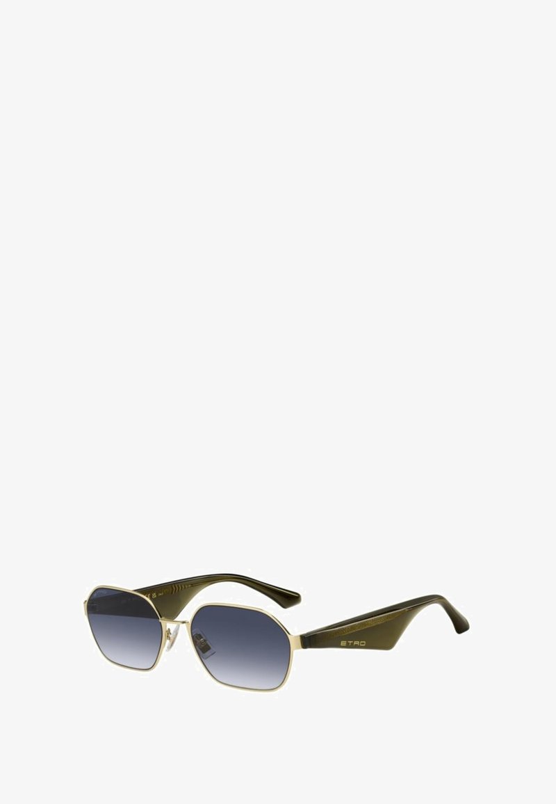 Lunettes de soleil à monture octogonale, verres dégradés foncés, accents métalliques dorés et branches vertes avec des détails texturés.