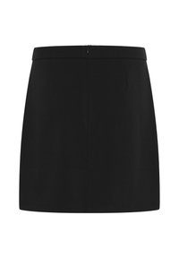 Jupe mini noire avec un design simple, coupe droite, texture lisse et fermeture éclair dissimulée à l'arrière sans embellissements visibles.