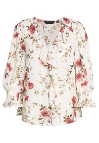Blusa bianca floreale con rouches, caratterizzata da motivi floreali rossi e beige. Maniche lunghe a palloncino con polsini arricciati e chiusura frontale con bottoni.