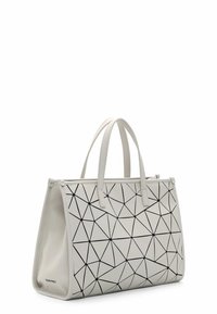 Sac à main en cuir blanc avec motifs géométriques en ligne noire, design structuré, deux poignées supérieures et fermeture éclair. Présente des bords arrondis.