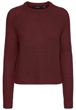 Bordeauxfarbener, gestrickter Pullover mit langen Ärmeln, Rundhalsausschnitt sowie gerippten Bündchen und Saum, versehen mit einem strukturierten Waffelmuster.