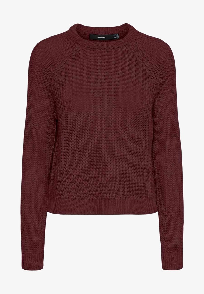 Pull en tricot bordeaux à manches longues avec col rond et poignets et ourlet côtelés, présentant un motif gaufré texturé.