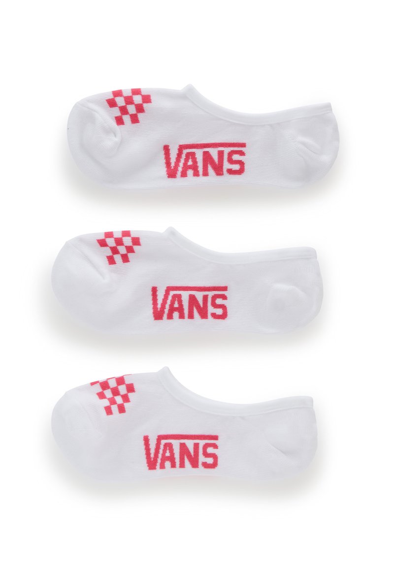 Białe skarpetki do kostek z czerwonym logo "VANS" i szachownicowym wzorem w górnym lewym rogu. Miękka bawełniana mieszanka, minimalistyczny design bez widocznych szwów.