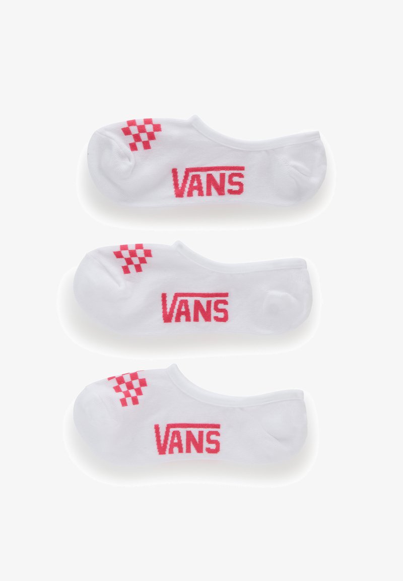 Witte enkelsokken met een rood "VANS" logo en een geblokt patroon op de bovenste linkerkant. Zachte katoenen mix, minimalistisch ontwerp zonder zichtbare naden.
