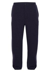 Mörkblå joggerbyxor i mjukt tyg, med elastisk midja, justerbar dragsko och muddar vid bensluten.