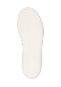 Semelle de chaussure en caoutchouc blanc avec une texture ondulée et un insert circulaire. Logo imprimé près du centre. Fini lisse avec une légère flexibilité.