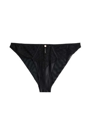 Czarny koronkowy bieliźniany strój w stylu bikini z przezroczystymi panelami po bokach i małym ozdobnym guzikiem na środku przedniego pasa.