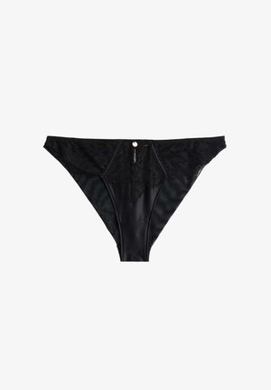Sort blonder-bikiniundertøj med transparente sidepaneler og en lille dekorativ knap på midten af taljebåndet.