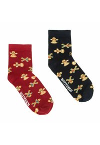 Calcetines rojos y negros con patrones de hombre de jengibre y acentos coloridos, hechos de un tejido suave con el logotipo "Wittchen" tejido en el puño.