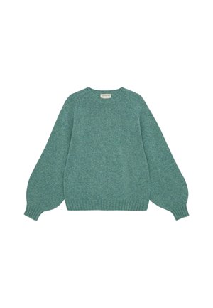 Teal knit sweater with a crew neck, balloon sleeves, and ribbed hem. Made from soft material with a textured pattern throughout.