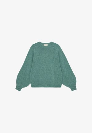 Teal pletený sveter s okrúhlym výstrihom, balónovými rukávmi a rebrovaným lemom. Vyrobený z mäkkého materiálu s textúrovaným vzorom po celom povrchu.