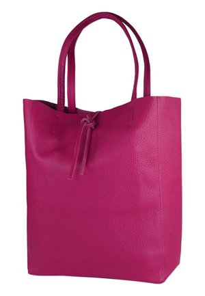 Fuchsia leather tote bag with a textured finish, double handles, and a drawstring closure at the top. Rectangular shape.
