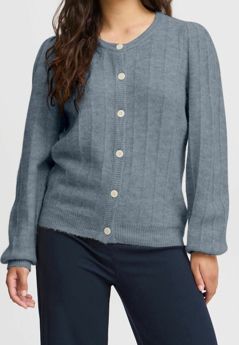 Gray knitted cardigan with ribbed texture, round neckline, and long sleeves. Features six light-colored buttons down the front.