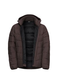 Giacca imbottita marrone con cappuccio, caratterizzata da una texture trapuntata, zip a tutta lunghezza e fodera nera. La parte anteriore e le maniche hanno polsini elasticizzati.