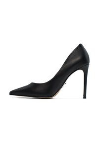 Pompe nere in pelle con tacco alto, punta affusolata, superficie liscia, design elegante e tacco a stiletto slanciato. Nessuna ferramenta o motivo visibile.