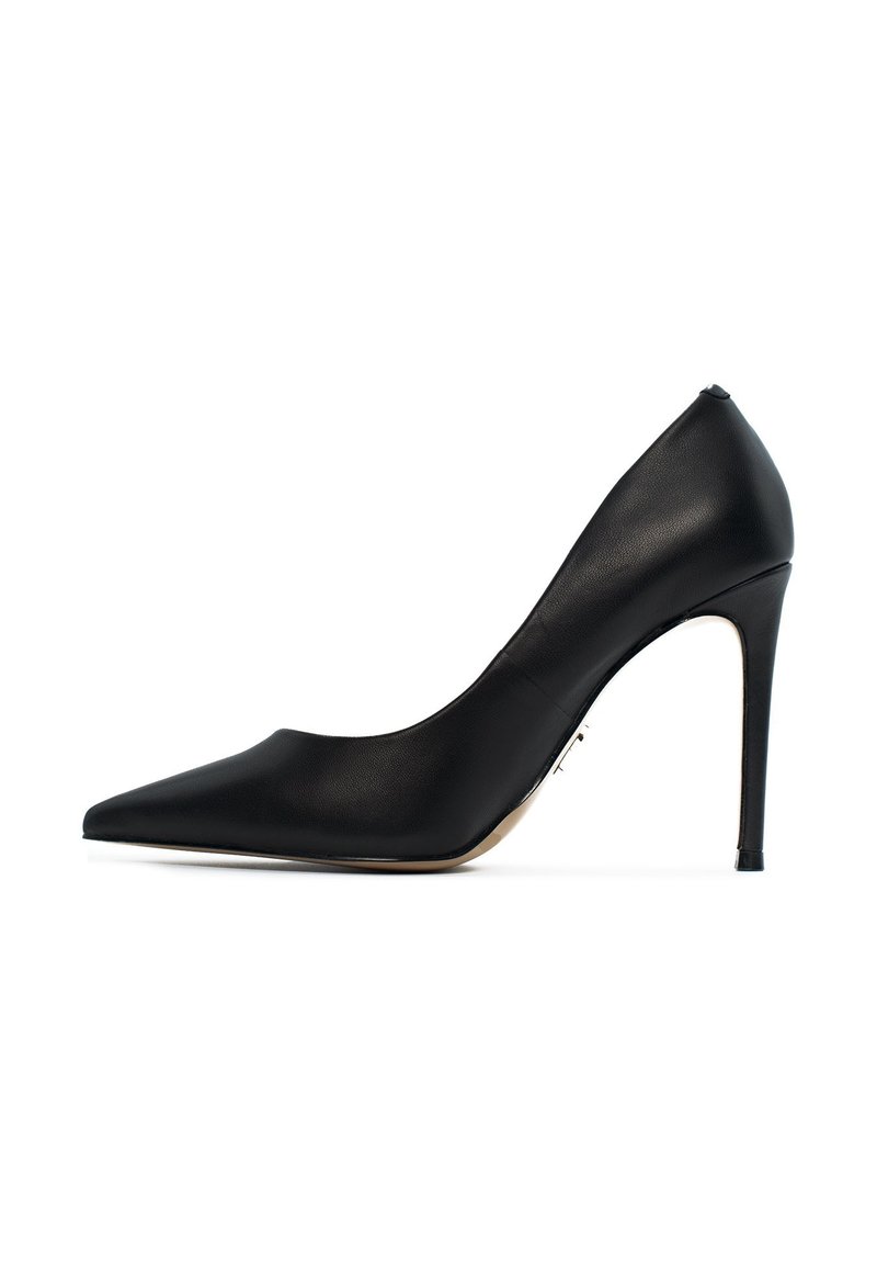 Pompe nere in pelle con tacco alto, punta affusolata, superficie liscia, design elegante e tacco a stiletto slanciato. Nessuna ferramenta o motivo visibile.